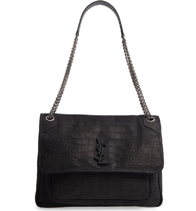 Saint Laurent Niki Monogram Ysl Large Crocodile-embossed Shoulder Bag In Black