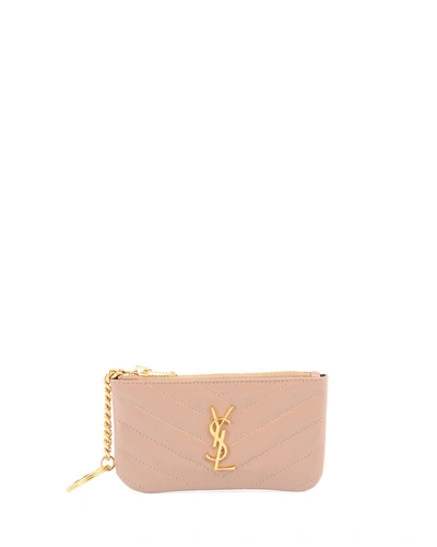 Saint Laurent Loulou Monogram Ysl Mini Quilted Leather Zip Pouch With Key Ring - Golden Hardware In Taupe