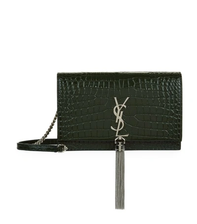 Saint Laurent Kate Shiny Croc-embossed Wallet W/ Tassel On Chain In Green