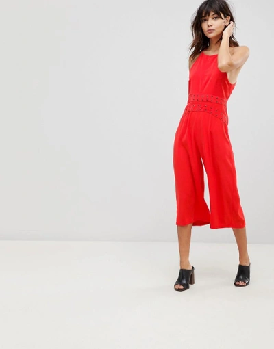 Neon Rose Eyelet Jumpsuit - Red