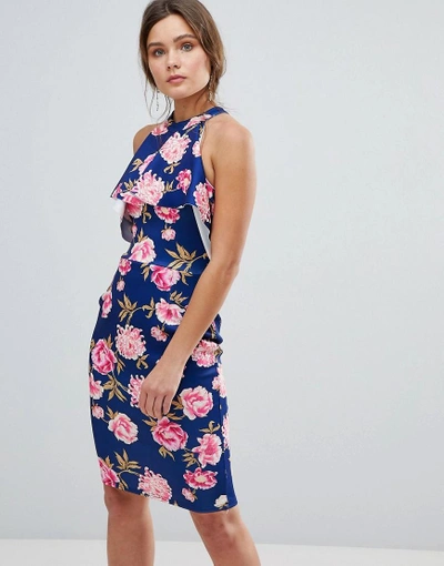 Girls On Film Floral High Neck Midi Dress With Frill Detail - Navy