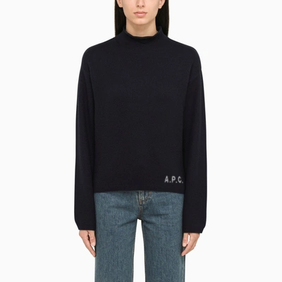 Apc Navy Turtleneck Sweater In Wool In Blue