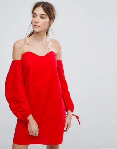 Neon Rose Off Shoulder Dress With Ruched Ribbon Sleeves - Red