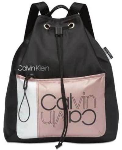 Calvin Klein Flora Drawstring Logo Backpack In Black Combo/silver