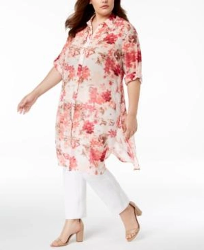 Calvin Klein Plus Size Floral-print Tunic Shirt, Created For Macy's In Porcelain Rose Combo