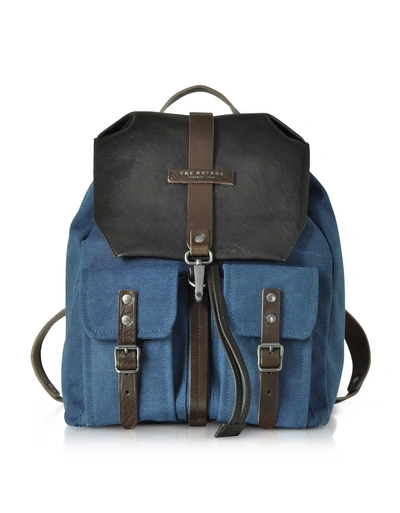 The Bridge Carver-d Canvas And Leather Men's Backpack W/flap Top In Denim