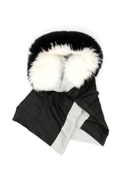 Valentino Bicolor Scarf With Fur In Avorio Nero