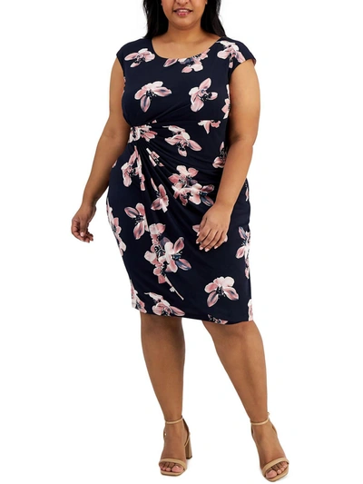 Connected Apparel Plus Womens Printed Midi Sheath Dress In Pink