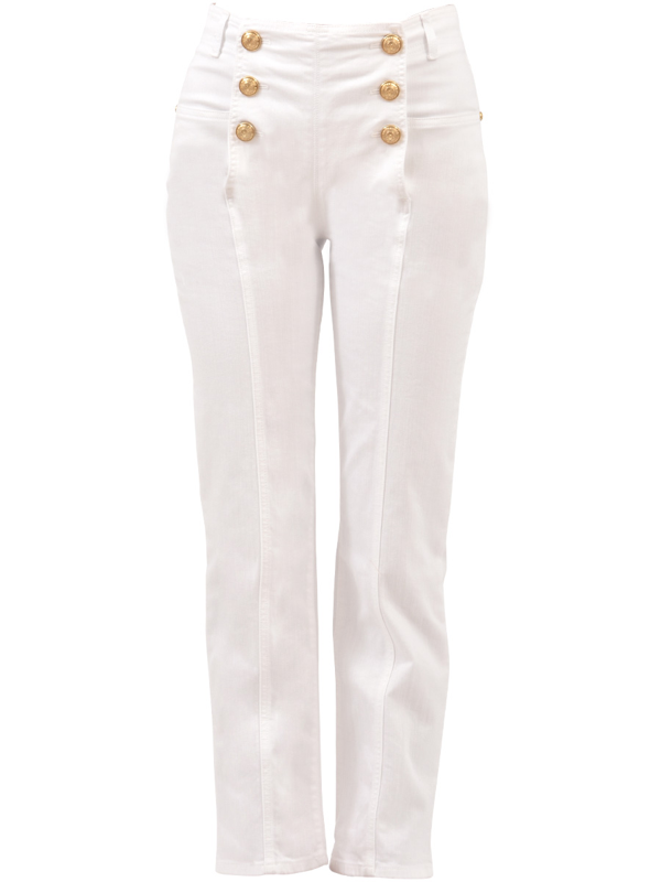 white trousers with gold buttons