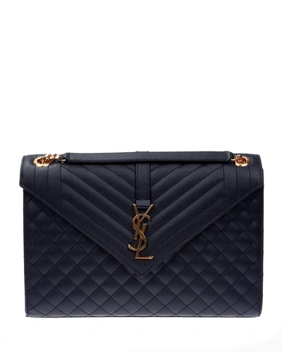 Saint Laurent Monogram Ysl V-flap Large Tri-quilt Envelope Chain Shoulder Bag - Golden Hardware In Deep Marine/ Deep Marine