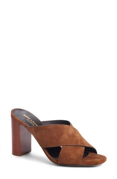 Saint Laurent Loulou Cross Strap Mule In Caramel Suede