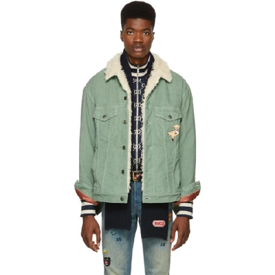 Gucci Oversized Faux Shearling-lined Embroidered Stretch Cotton-corduroy Trucker Jacket In Green