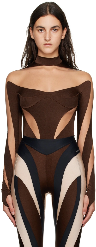 Mugler Brown Illusion Bodysuit In B7001 Choco/nude 01