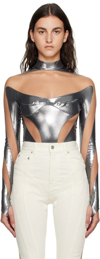 Mugler Silver Illusion Bodysuit In Chrome Silver And Nude 02