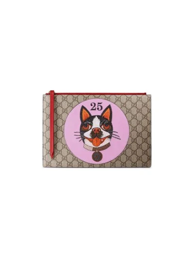 Gucci Gg Supreme Pouch With Bosco Patch In Brown