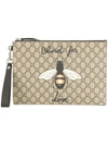 Gucci Blind For Love Bee Gg Supreme Pouch In Beige