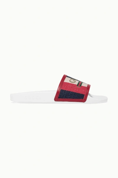 Gucci Leather-trimmed Logo-print Canvas Slides In White