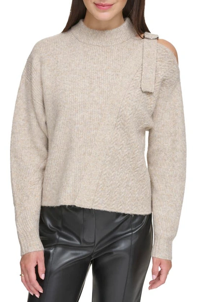 Dkny Cold Shoulder Mixed Stitch Sweater In Pebble Heather