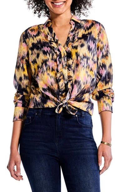Nic + Zoe Dreamy Refined Floral Ruffle Cotton Button-up Shirt In Yellow