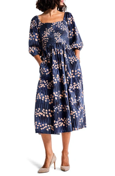 Nic + Zoe Firefly Glow Smocked Balloon Sleeve Stretch Cotton Dress In Blue