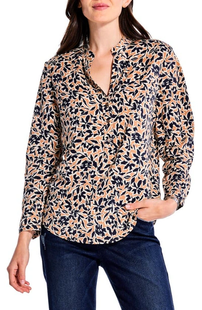 Nic + Zoe Floral Half Placket Button-up Shirt In Beige