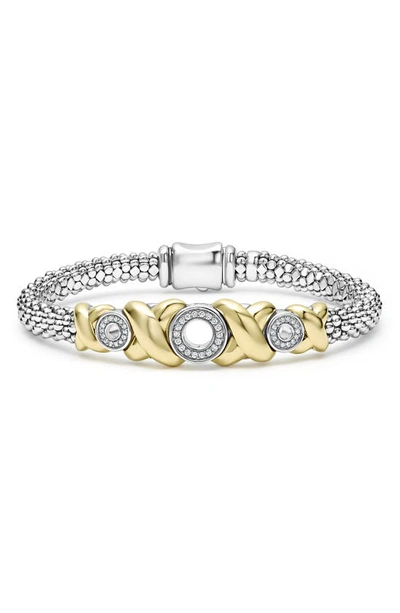 Lagos 18k Yellow Gold & Sterling Silver Embrace Diamond Xo Caviar Bead Bracelet In Silver/gold