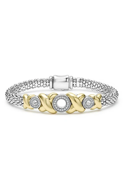 Lagos 18k Yellow Gold & Sterling Silver Embrace Diamond Xo Caviar Bead Bracelet