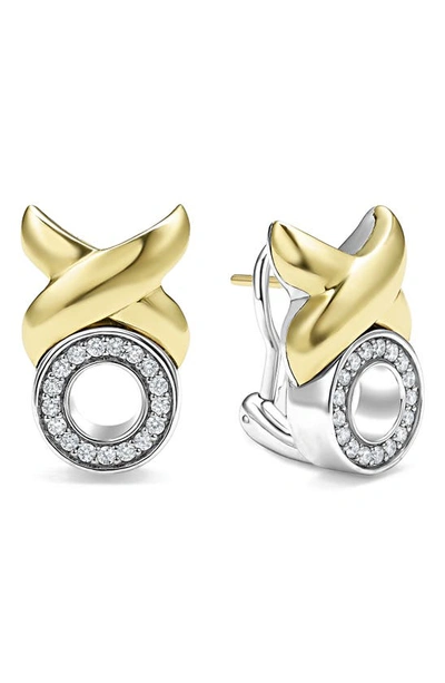 Lagos 18k Yellow Gold & Sterling Silver Embrace Diamond Xo Omega Earrings In Silver/gold
