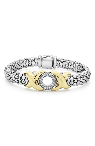 Lagos 18k Yellow Gold & Sterling Silver Embrace Diamond Xo Caviar Bead Link Bracelet In Silver/gold