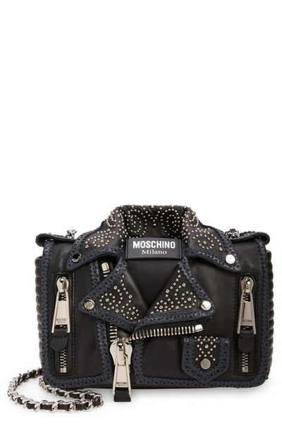 Moschino Biker Leather Crossbody Bag In 2555 Fantasy Print Black
