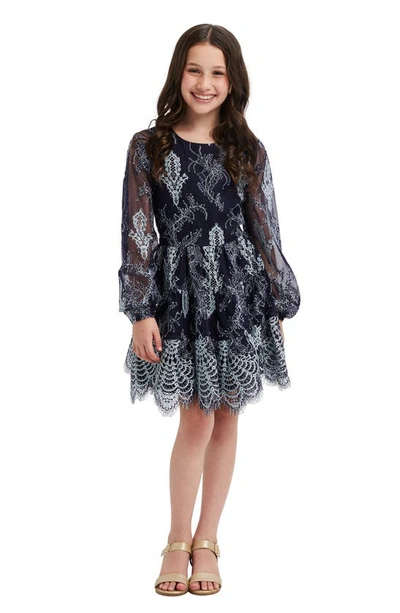 Bardot Kids' Sienna Embroidered Long Sleeve Dress In Blue/ Navy