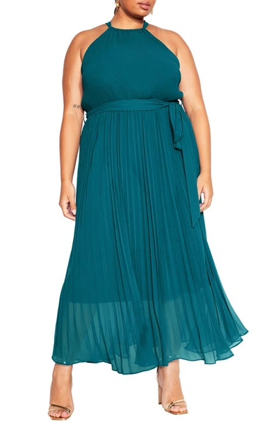 City Chic Rebecca Halter Neck Pleated Chiffon Maxi Dress In Green | ModeSens