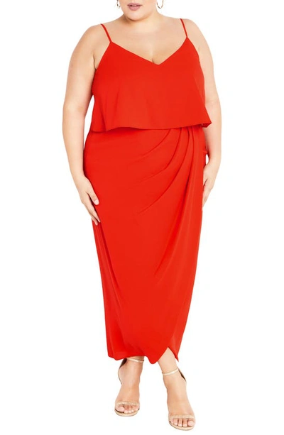 City Chic V-neck Overlay Gown In Fire Cracker