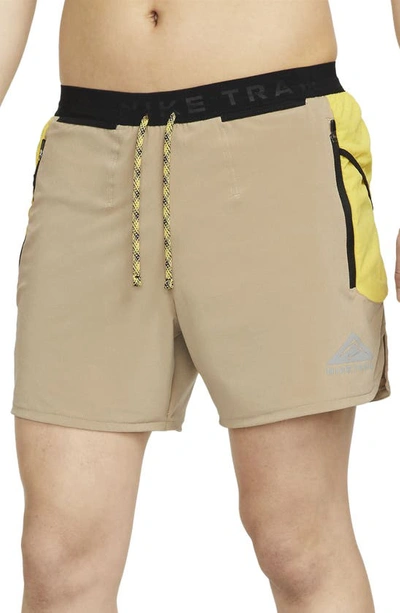 Nike Second Sunrise 5-inch Brief Lined Trail Running Shorts In Khaki/ Sulfur/ Coconut Milk