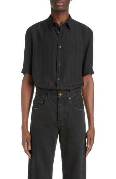 Saint Laurent Tonal Stripe Short Sleeve Silk Button-up Shirt In Black