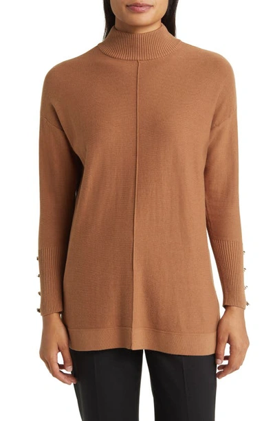 Anne Klein Button Cuff Mock Neck Sweater In Vicuna