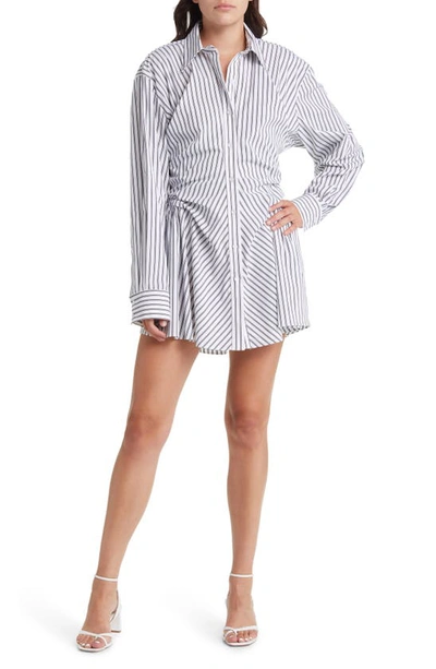 Moon River Stripe Ruched Long Sleeve Shirtdress In Multi