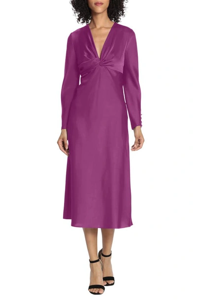 Maggy London Twist V-neck Long Sleeve Midi Dress In Dark Purple