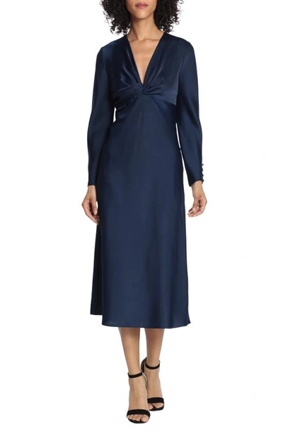 Maggy London Twist V-neck Long Sleeve Midi Dress In Twilight Navy