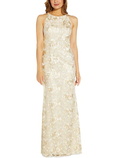 Adrianna Papell Womens Embroidered Maxi Evening Dress In White