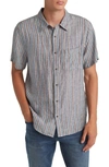 Madewell Perfect Stripe Linen Short Sleeve Button-up Shirt In Calm Forest