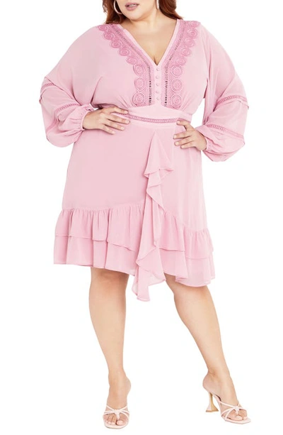 City Chic Sweetheart Embroidered Long Sleeve Dress In Blush