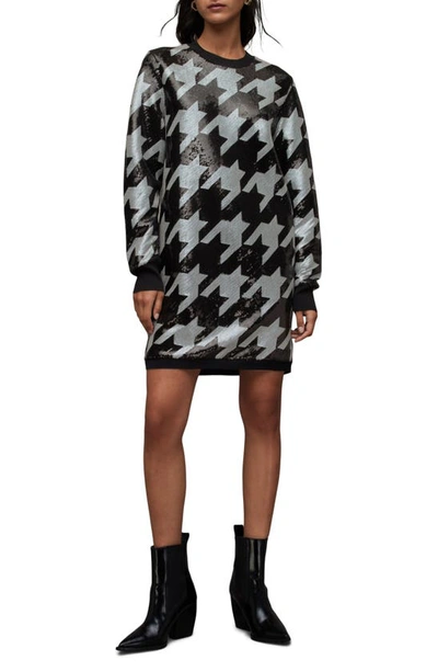 Allsaints Juela Toni Long Sleeve Houndstooth Sequin Sweater Dress In Black/white  | ModeSens