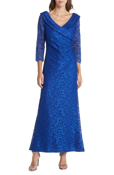 Marina Embellished Ruched Lace Column Gown In Royal