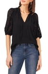 Vince Camuto Floral Sleeve Tie Neck Blouse In Rich Black
