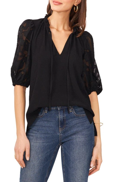 Vince Camuto Floral Sleeve Tie Neck Blouse In Rich Black
