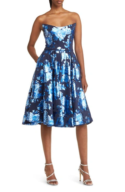 Black Halo Clara Pleated Strapless Floral-print Midi Dress In Blue