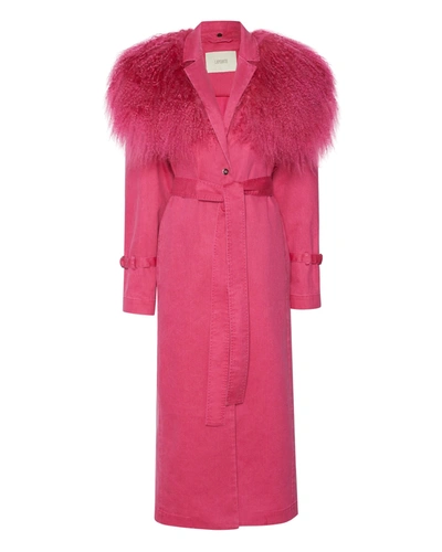 Lapointe Denim Relaxed Trench With Mongolian In Magenta