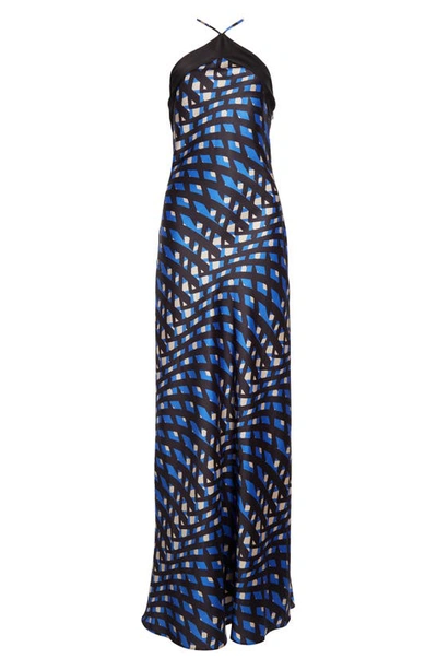 Staud Cubism Printed Halterneck Satin Maxi Dress In Painted Argyle/ Black