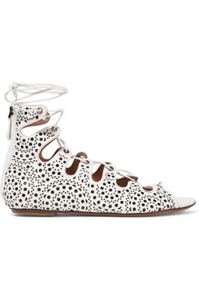 Alaïa Lace-up Laser-cut Leather Sandals In Ivory